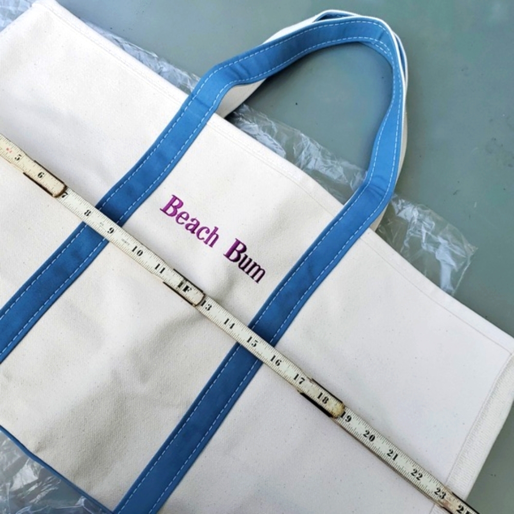 LL Bean Boat BEACH BUM Creme Canvas Tote Slate Blue Monogram Large Custom NWT - Picture 9 of 9